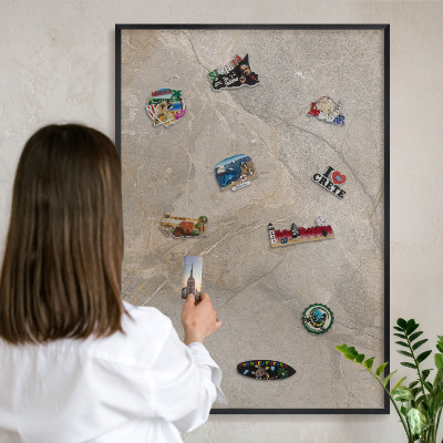 Metal wall board for magnets in a black frame Beige stone