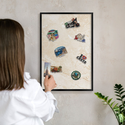 Vacation magnet board with a black frame Delicate marble