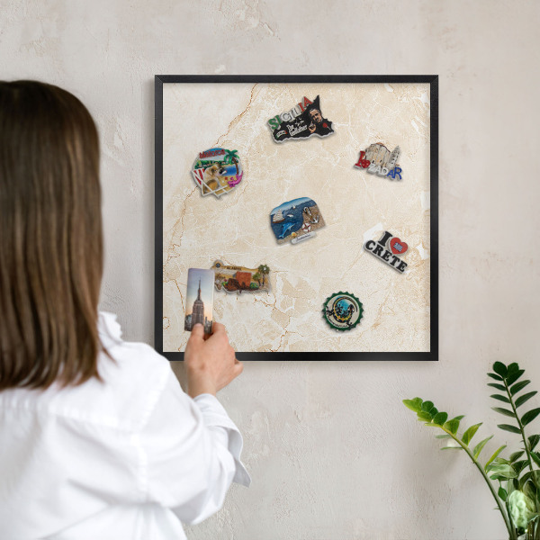 Vacation magnet board with a black frame Delicate marble