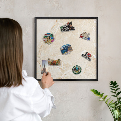 Vacation magnet board with a black frame Delicate marble