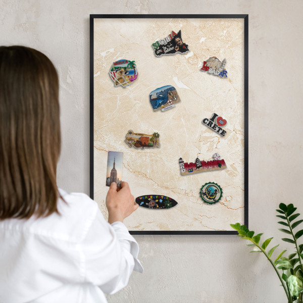 Vacation magnet board with a black frame Delicate marble