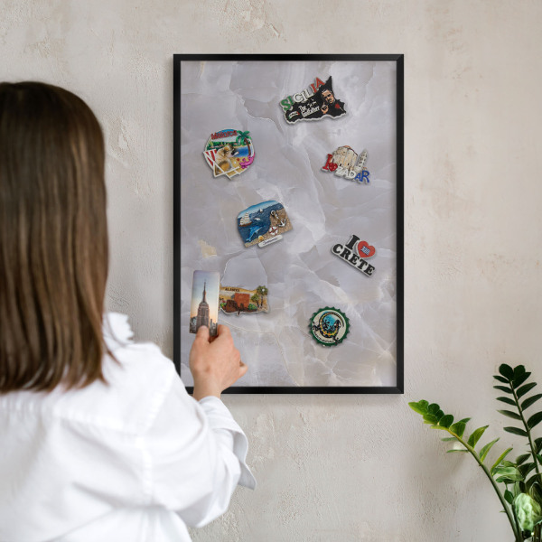 Vacation magnet board with a black frame Gray elegance