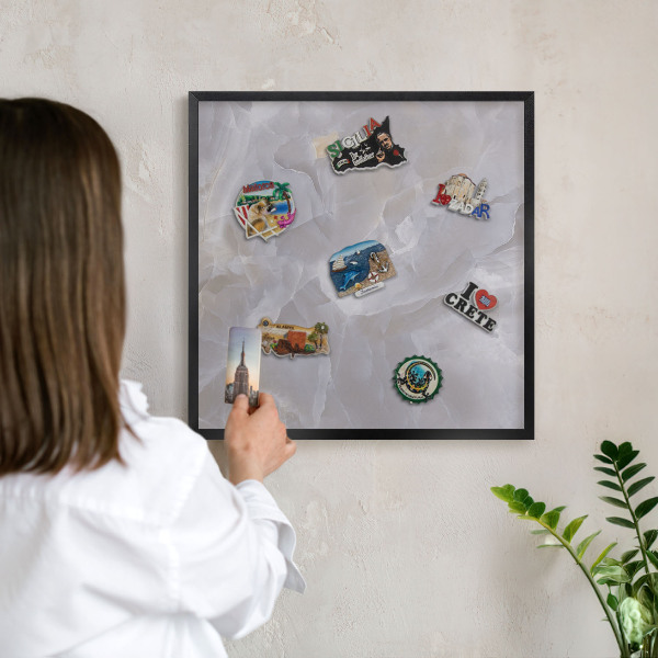 Vacation magnet board with a black frame Gray elegance