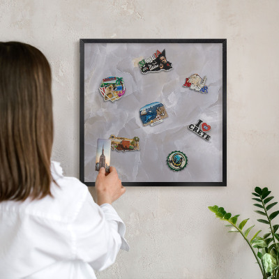 Vacation magnet board with a black frame Gray elegance