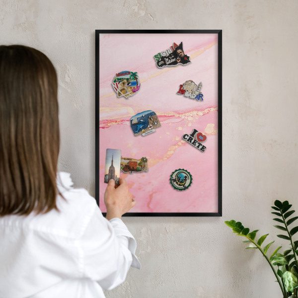 Vacation magnet board with a black frame Pink elegance