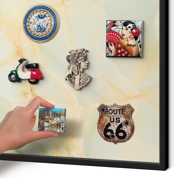 Metal wall board for magnets in a black frame Marble elegance