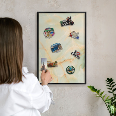 Metal wall board for magnets in a black frame Marble elegance