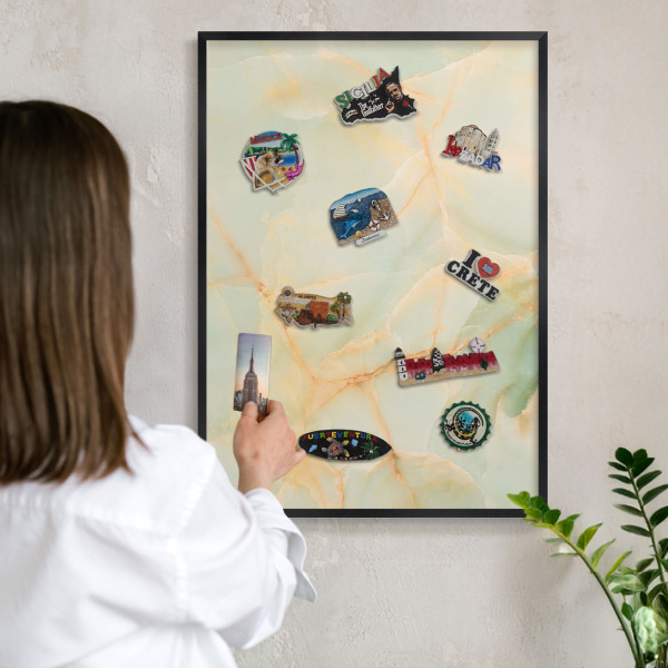 Metal wall board for magnets in a black frame Marble elegance