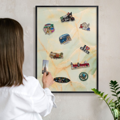 Metal wall board for magnets in a black frame Marble elegance