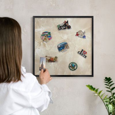 Metal wall board for magnets in a black frame Marble pattern