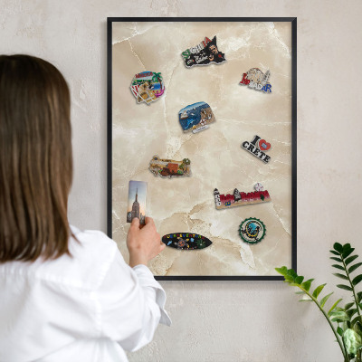 Metal wall board for magnets in a black frame Marble pattern