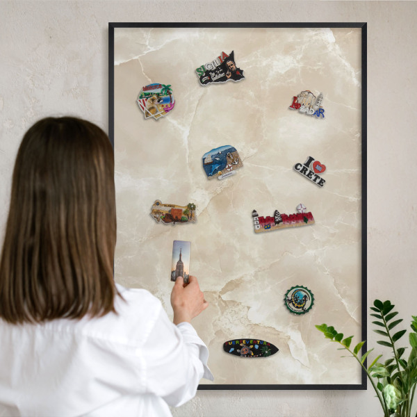 Metal wall board for magnets in a black frame Marble pattern