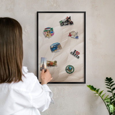 Metal wall board for magnets in a black frame Cream feathers