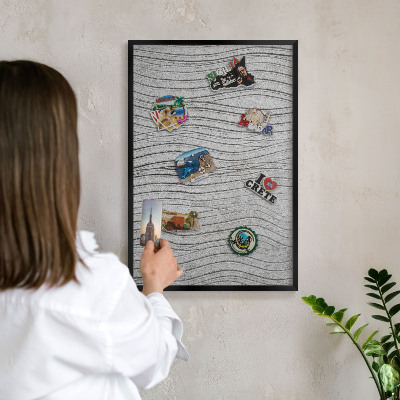 Metal wall board for magnets in a black frame Gray waves