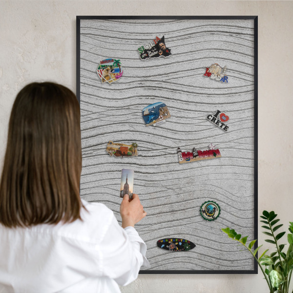 Metal wall board for magnets in a black frame Gray waves