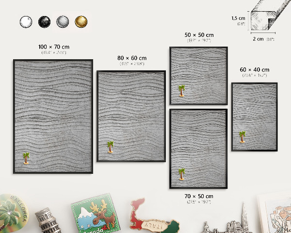 Metal wall board for magnets in a black frame Gray waves