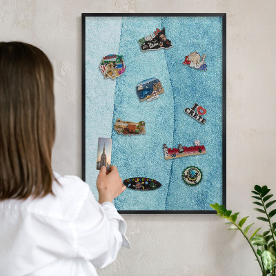 Vacation magnet board with a black frame Blue waves