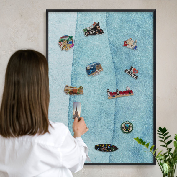 Vacation magnet board with a black frame Blue waves