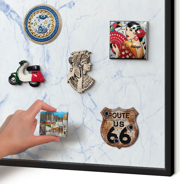 Metal wall board for magnets in a black frame Marble design