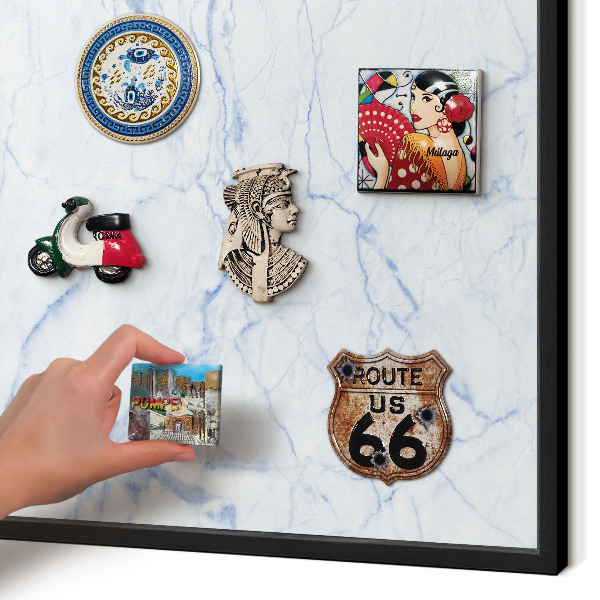 Metal wall board for magnets in a black frame Marble design