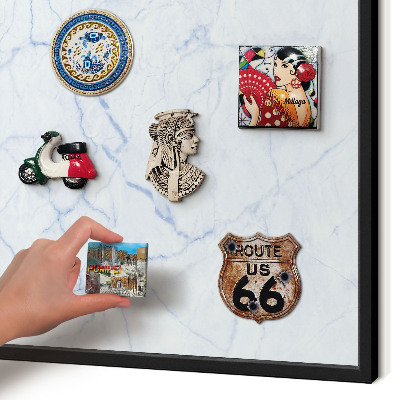 Metal wall board for magnets in a black frame Marble design