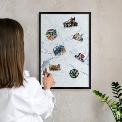 Metal wall board for magnets in a black frame Marble design