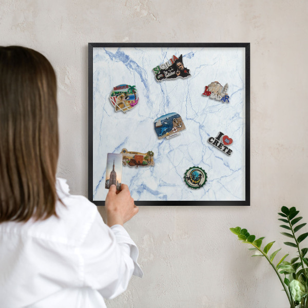 Metal wall board for magnets in a black frame Marble design