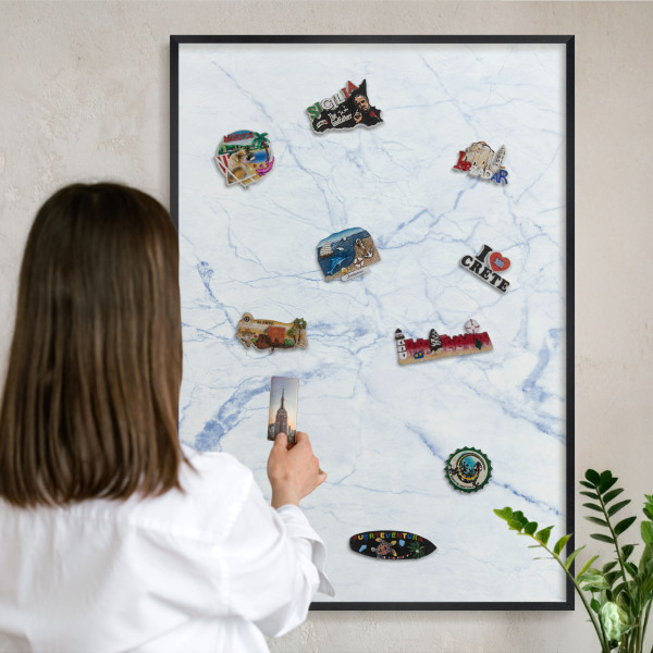 Metal wall board for magnets in a black frame Marble design