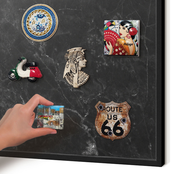 Metal wall board for magnets in a black frame Black marble