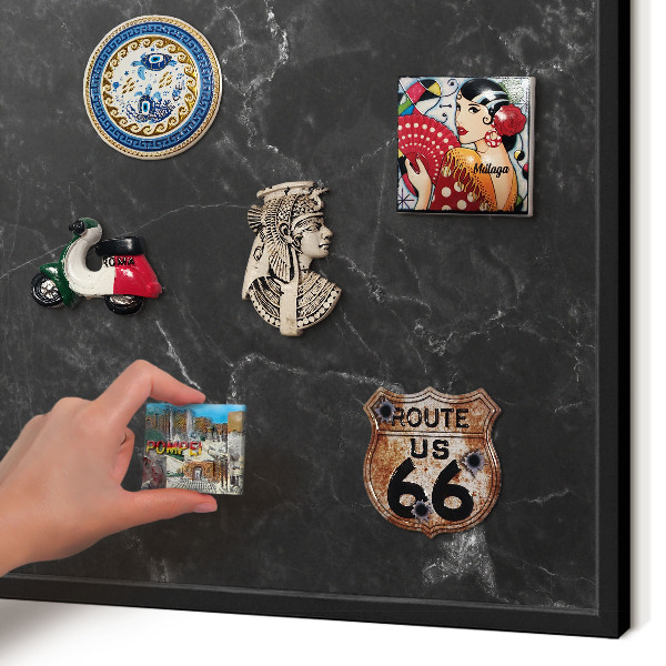 Metal wall board for magnets in a black frame Black marble