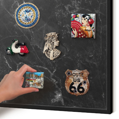 Metal wall board for magnets in a black frame Black marble