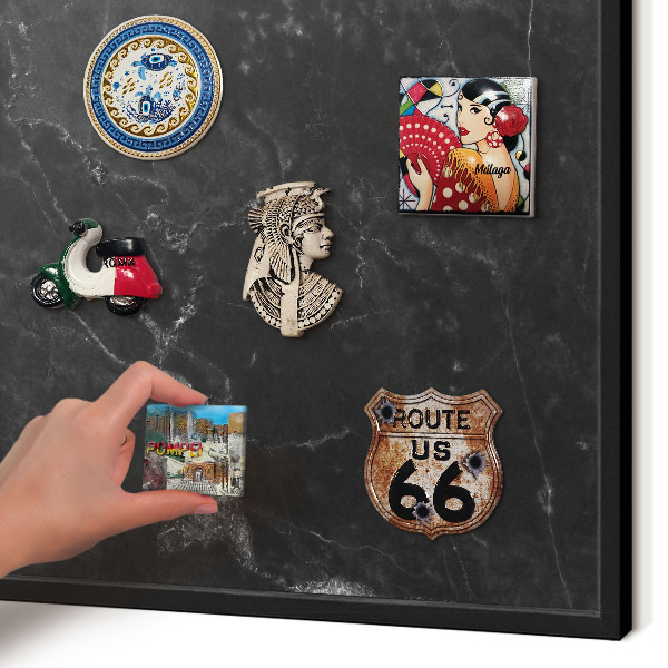 Metal wall board for magnets in a black frame Black marble