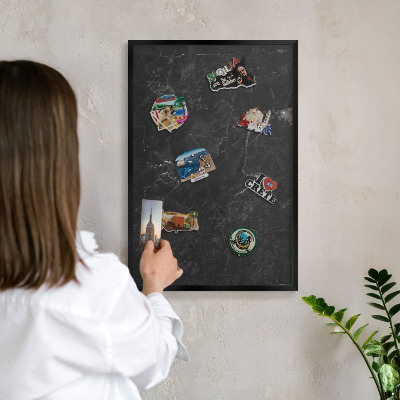 Metal wall board for magnets in a black frame Black marble