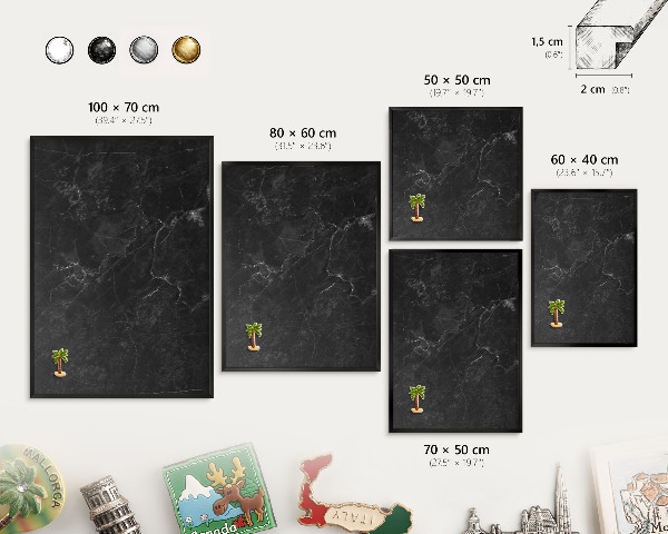 Metal wall board for magnets in a black frame Black marble