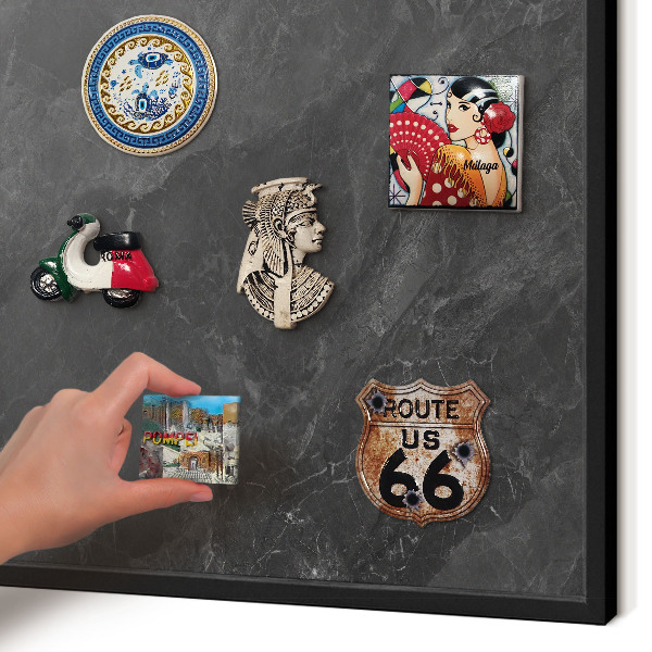 Metal wall board for magnets in a black frame Gray elegance