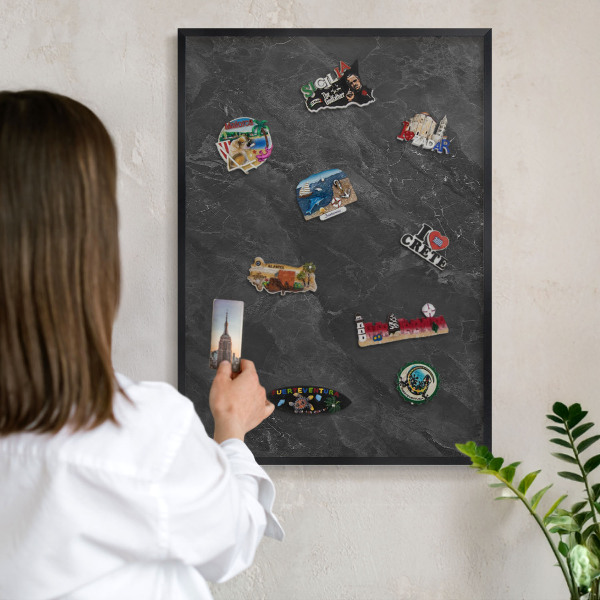 Metal wall board for magnets in a black frame Gray elegance