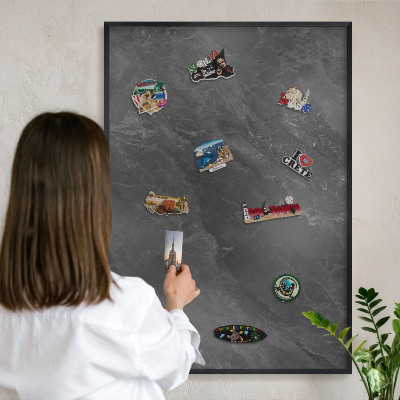 Metal wall board for magnets in a black frame Gray elegance
