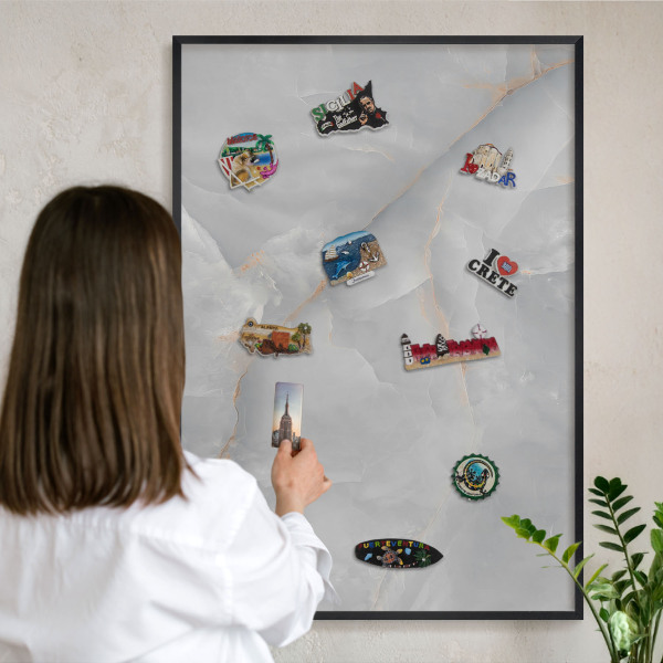 Vacation magnet board with a black frame Gray veins
