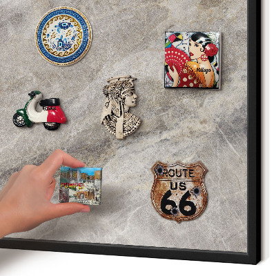 Metal wall board for magnets in a black frame Stone texture