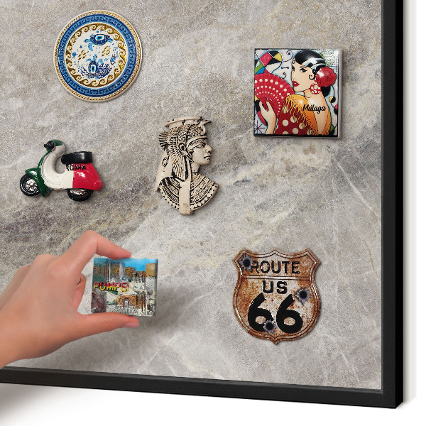 Metal wall board for magnets in a black frame Stone texture