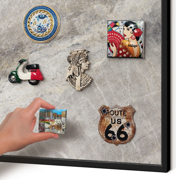 Metal wall board for magnets in a black frame Stone texture