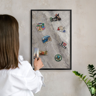 Metal wall board for magnets in a black frame Stone texture