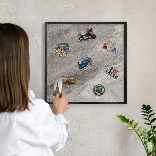 Metal wall board for magnets in a black frame Stone texture