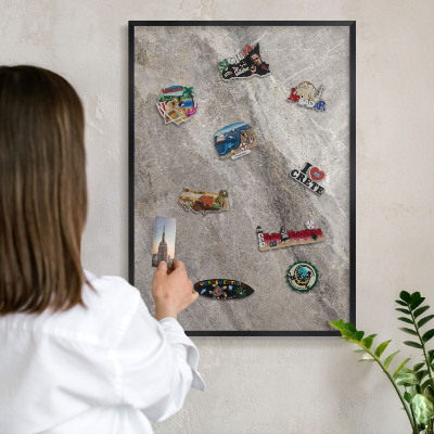 Metal wall board for magnets in a black frame Stone texture
