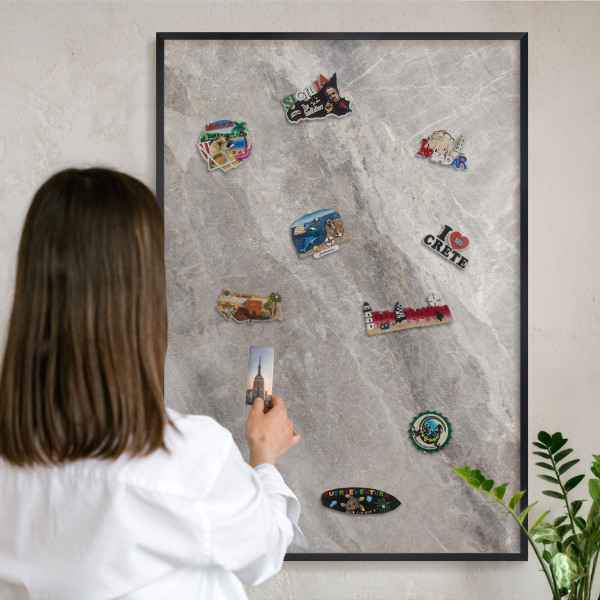 Metal wall board for magnets in a black frame Stone texture