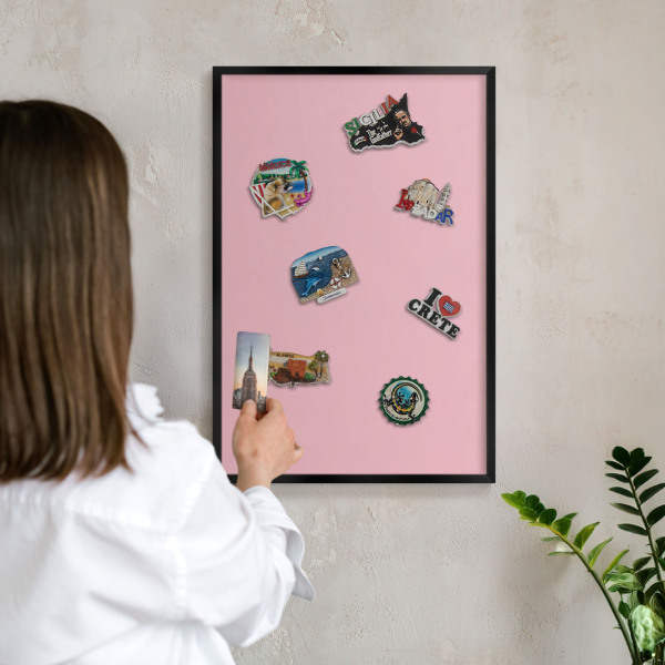 Metal wall board for magnets in a black frame Light pink