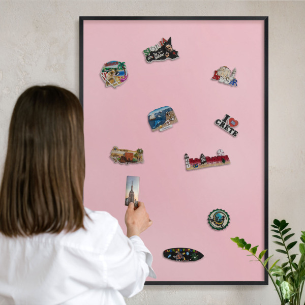 Metal wall board for magnets in a black frame Light pink