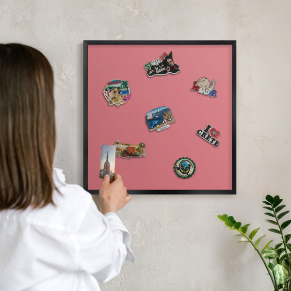 Metal wall board for magnets in a black frame Salmon color