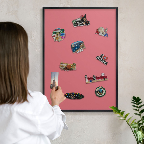 Metal wall board for magnets in a black frame Salmon color