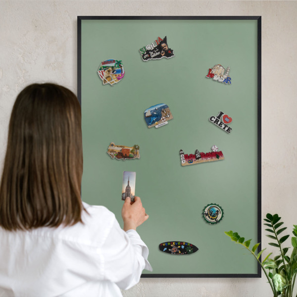 Vacation magnet board with a black frame Muted green